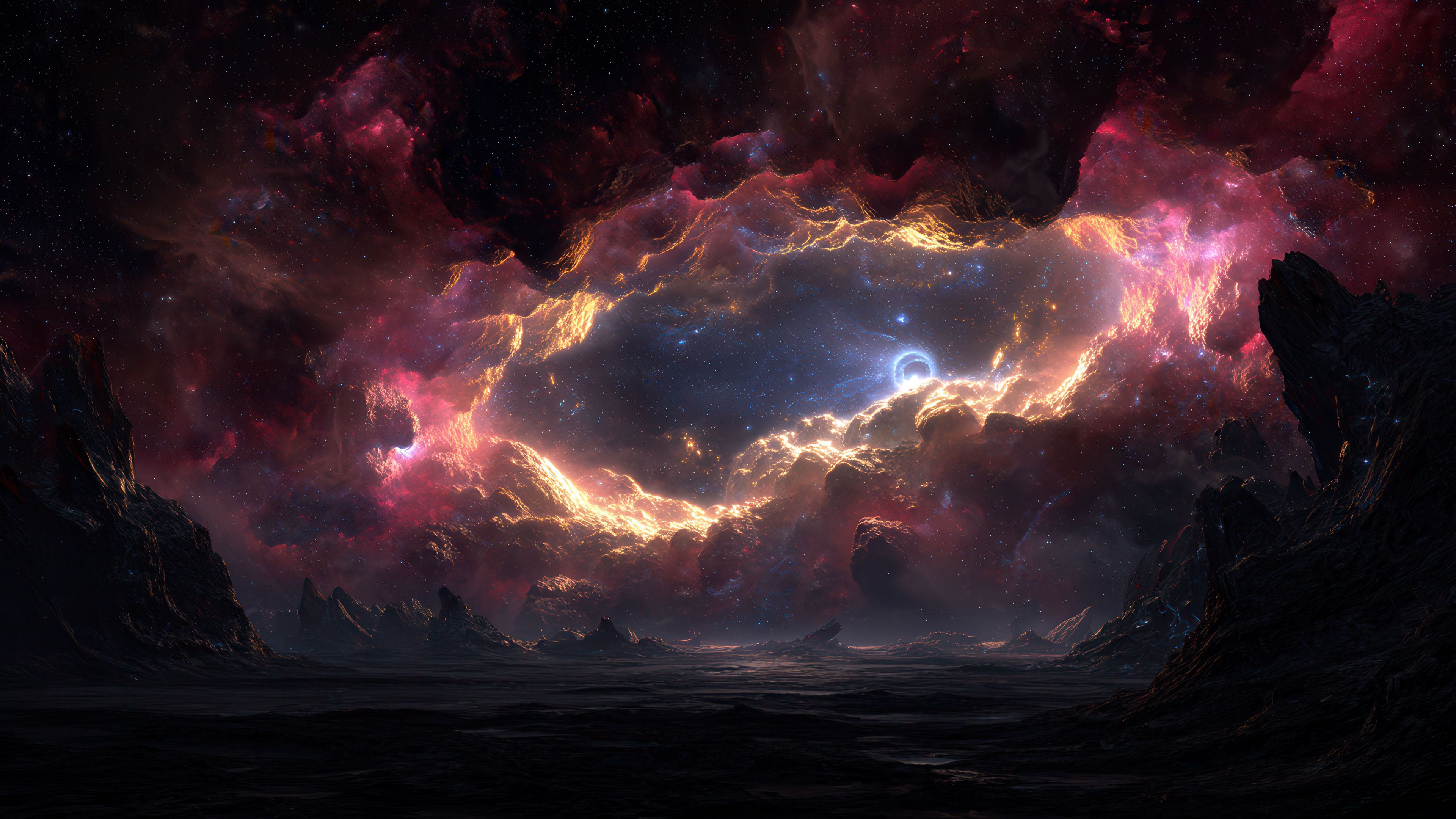 Vibrant Cosmic Archway Over Dark Alien Landscape