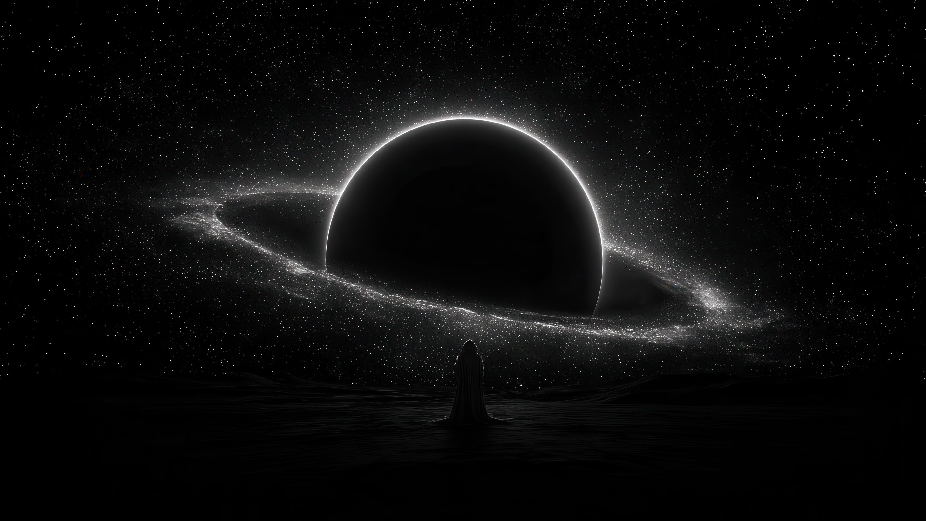 Figure stands facing a cosmic ringed planet