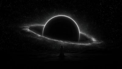 Figure stands facing a cosmic ringed planet