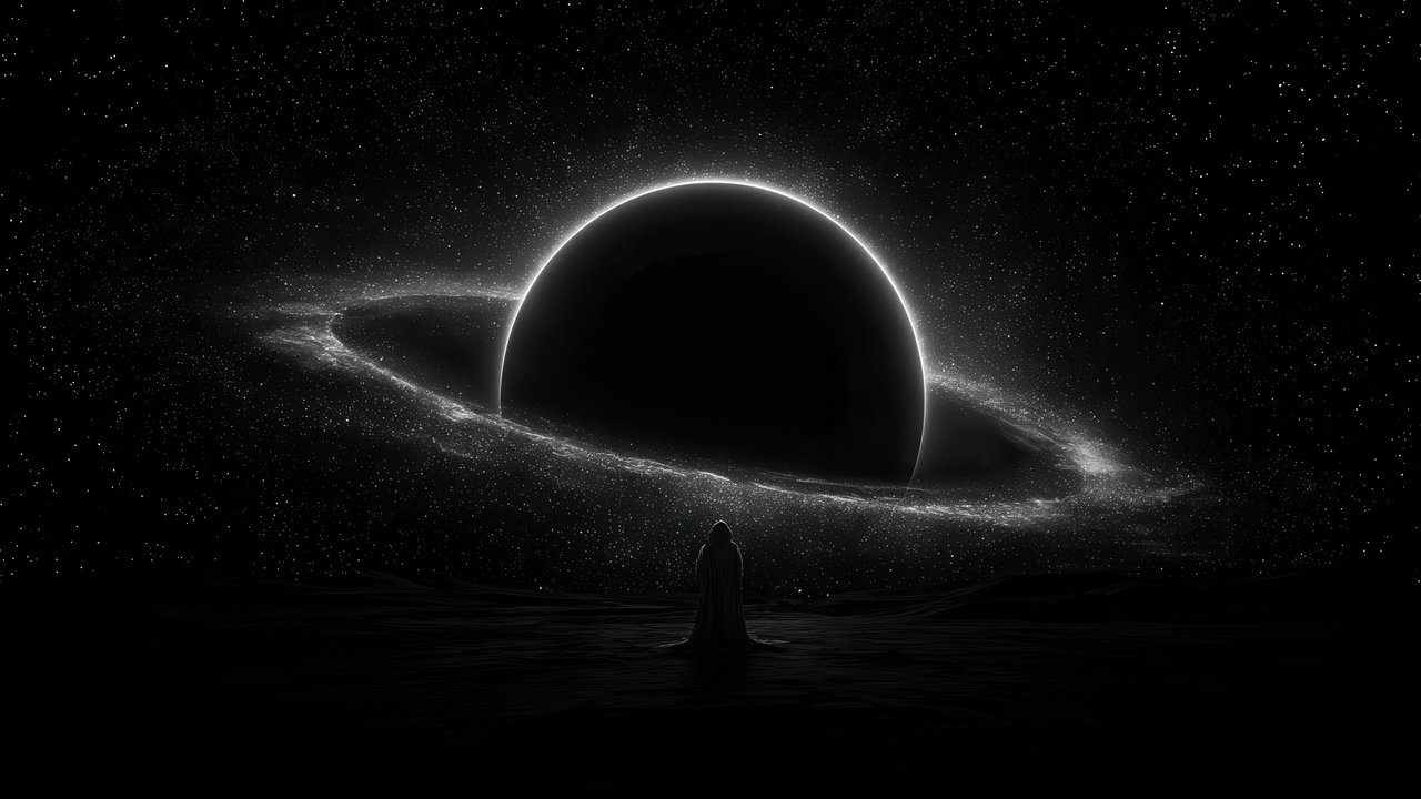 Figure stands facing a cosmic ringed planet