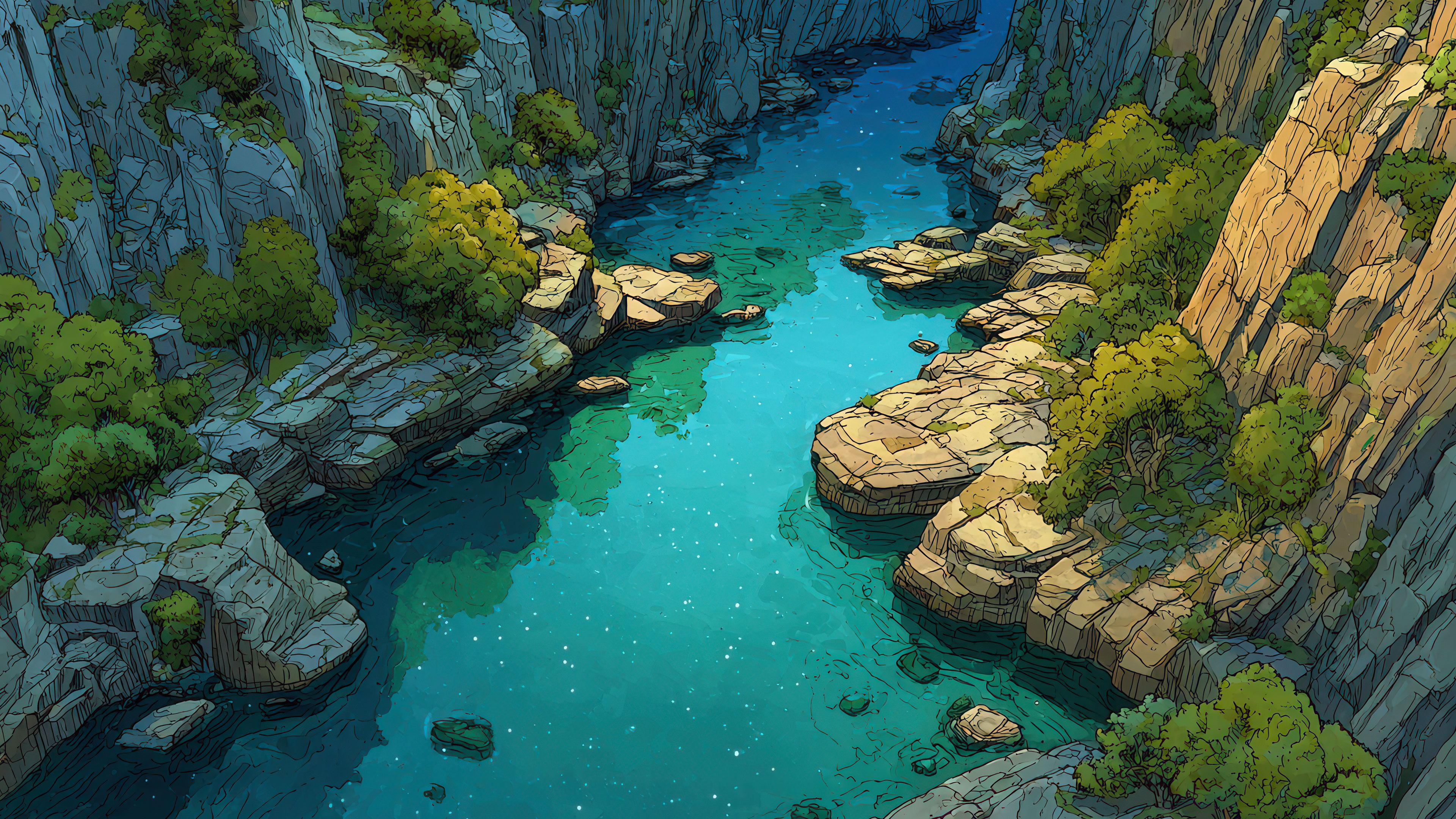 Sunlit rocks and turquoise river in canyon