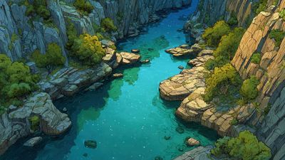 Sunlit rocks and turquoise river in canyon