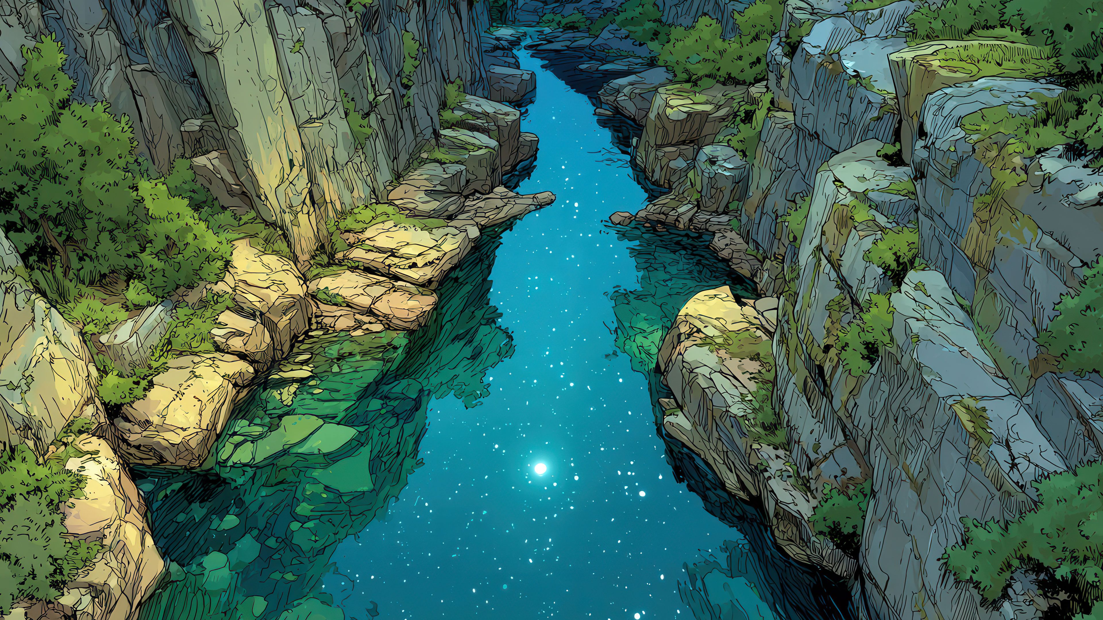 Mystical canyon river with starry water