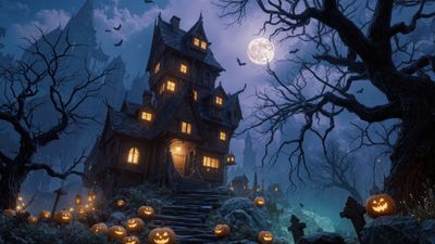 Haunted Halloween Mansion Night With Pumpkins And Full Moon Wallpaper