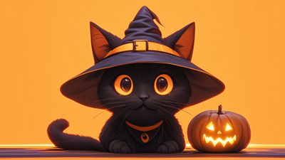 Halloween Black Cat Digital Art With Witch Hat And Jack-o'-lantern