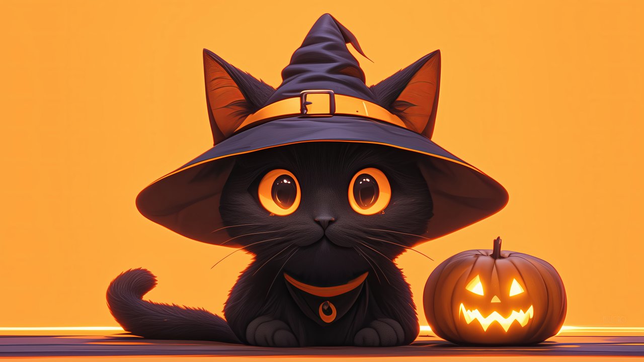 Halloween Black Cat Digital Art With Witch Hat And Jack-o'-lantern