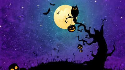 Spooky Night Halloween Digital Art Wallpaper With Moon And Owl