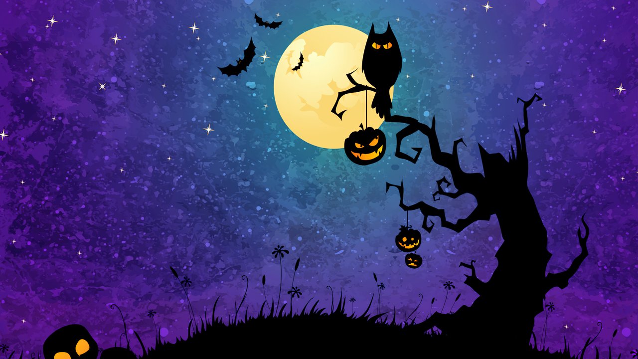Spooky Night Halloween Digital Art Wallpaper With Moon And Owl