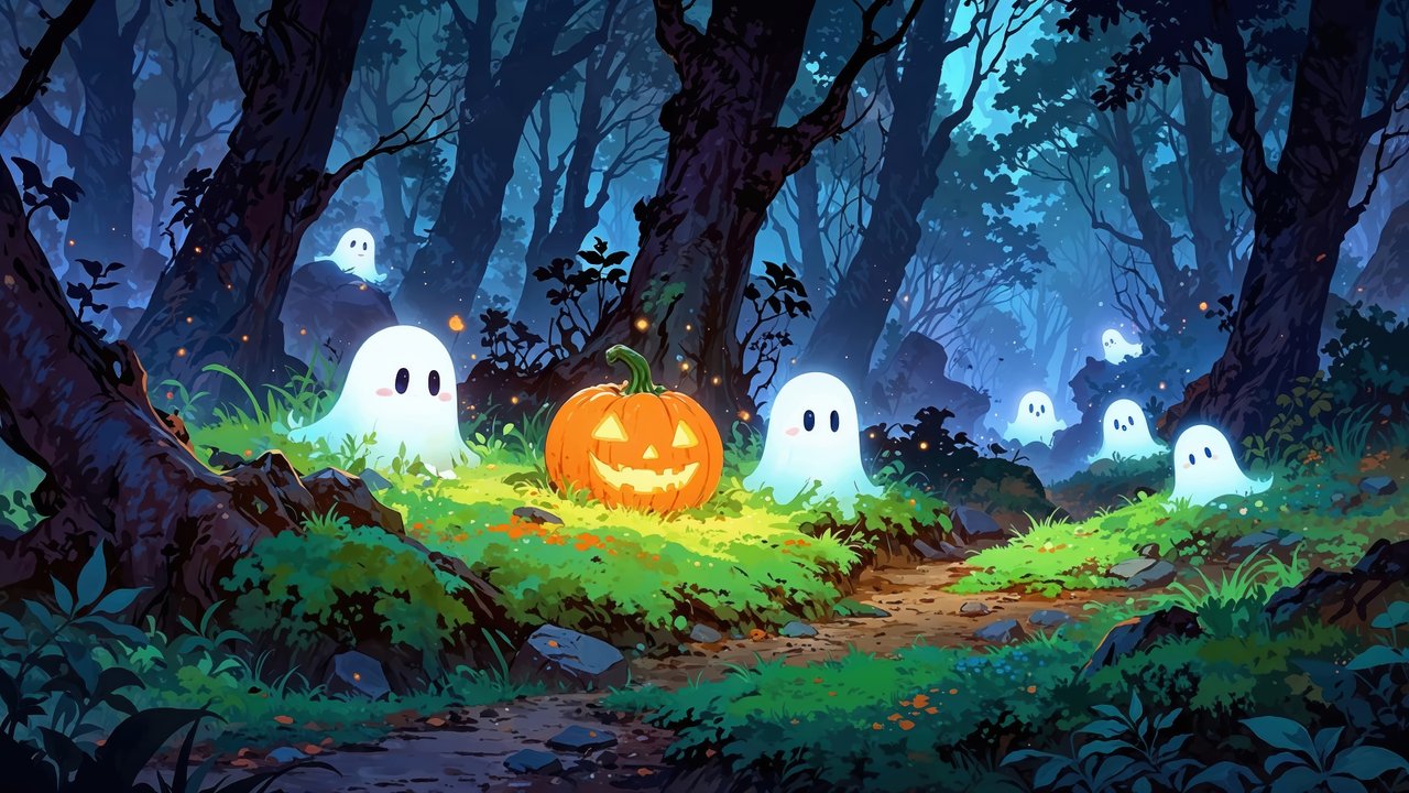Cute Ghosts And Jack-o'-lantern In Spooky Forest Halloween Digital Art
