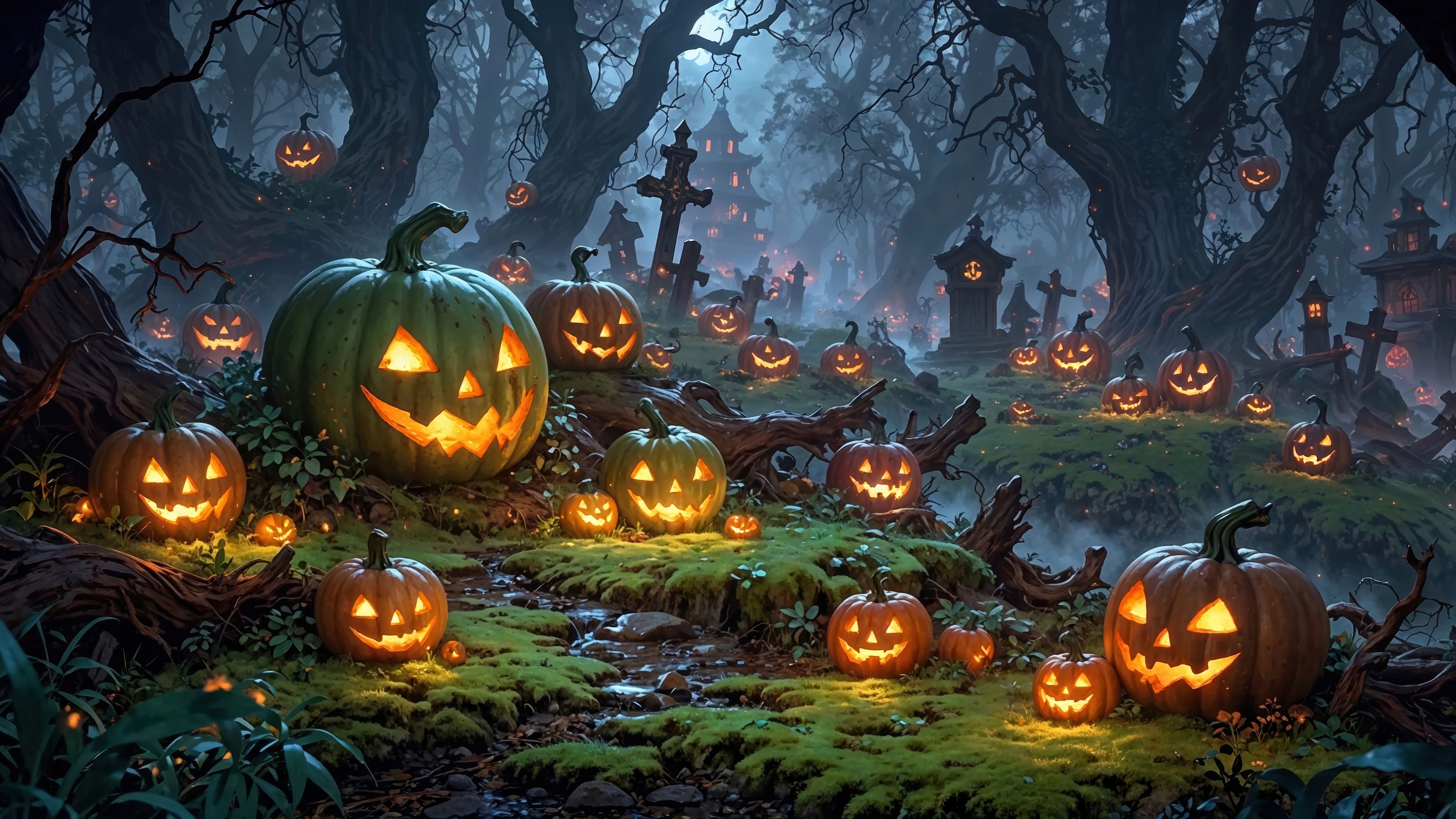 Jack-o'-lanterns In Haunted Forest Graveyard, Halloween Digital Art