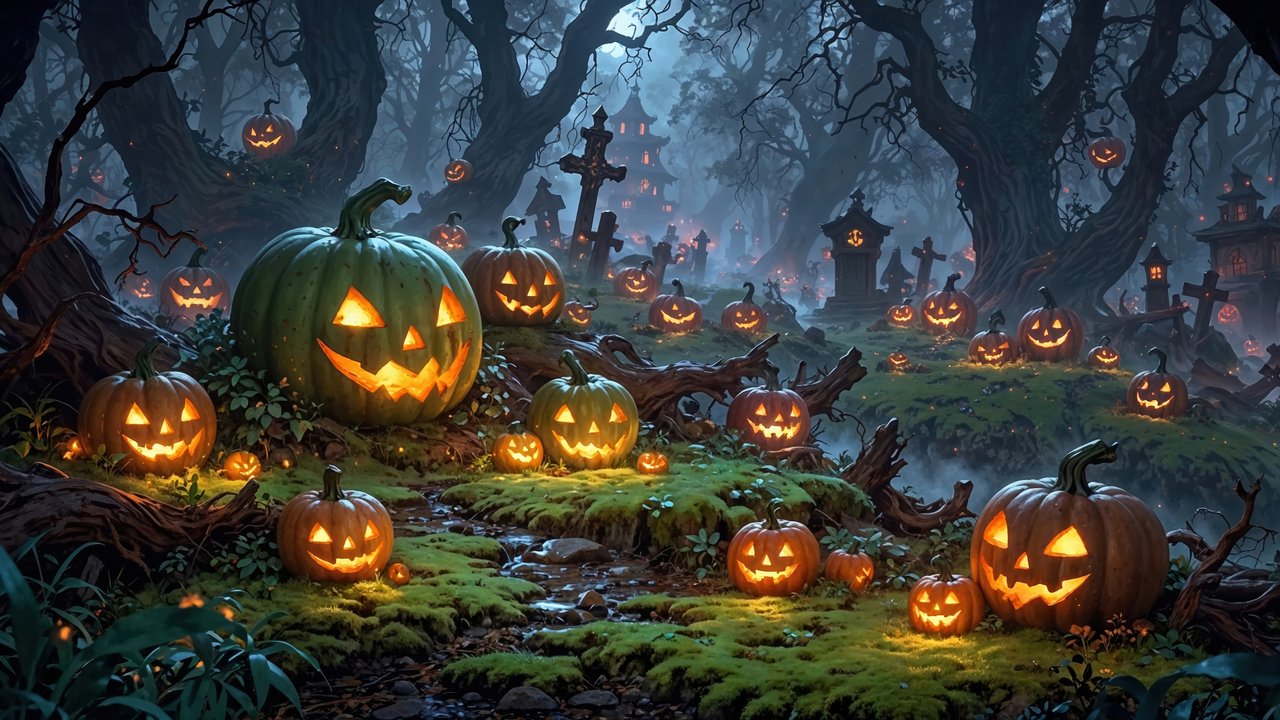Jack-o'-lanterns In Haunted Forest Graveyard, Halloween Digital Art