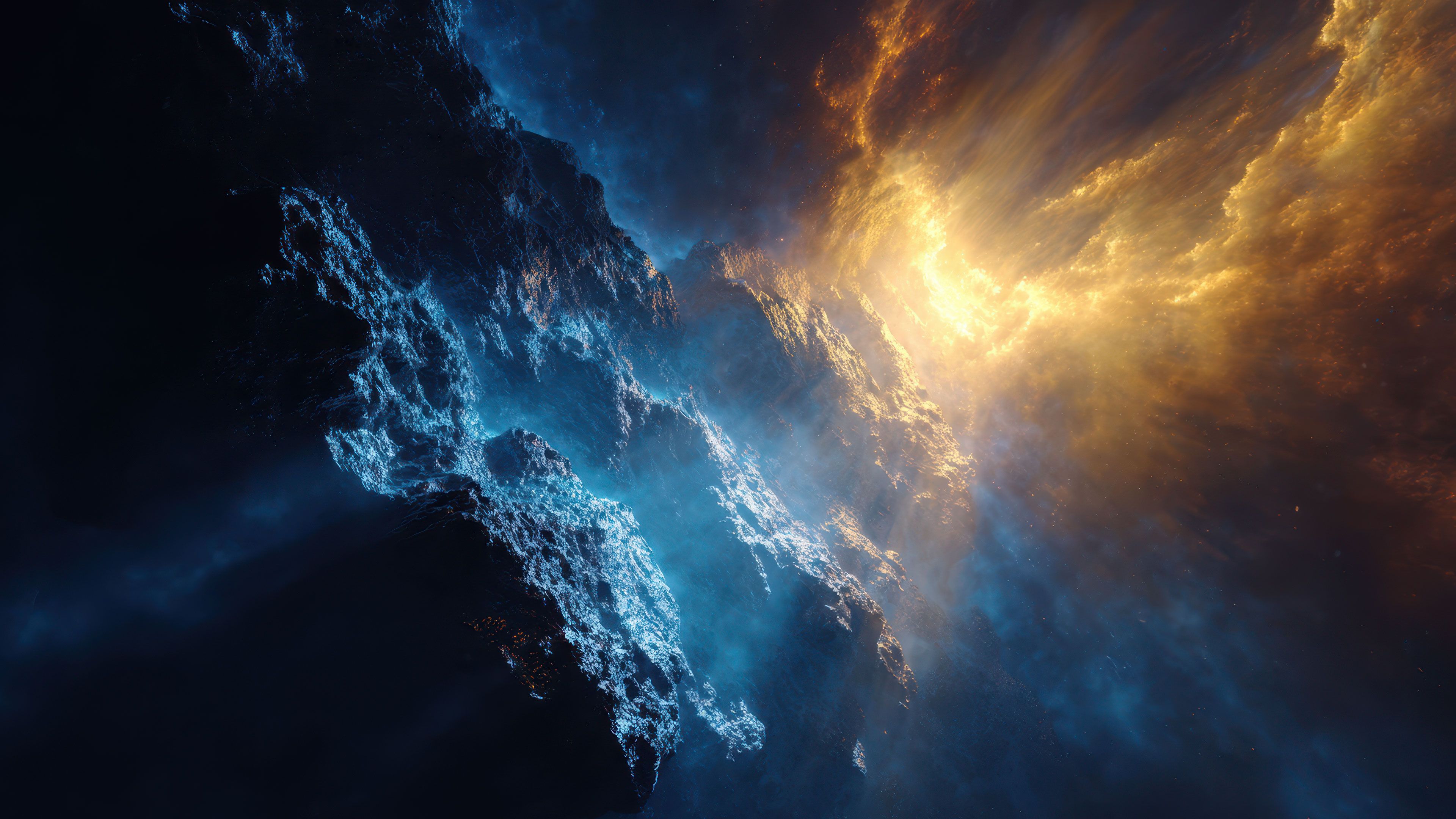 Abstract Dark Rocks Blue Orange Light Wallpaper