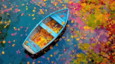 Blue Boat And Colorful Autumn Leaves On Water Wallpaper