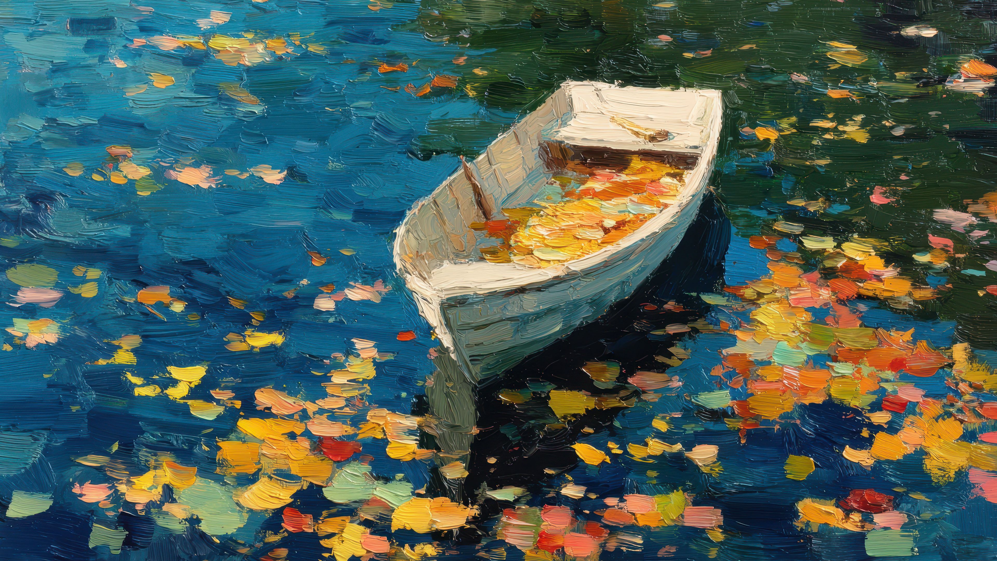 Impressionist Painting White Boat Fall Leaves Blue Water
