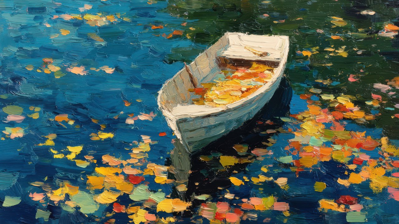 Impressionist Painting White Boat Fall Leaves Blue Water