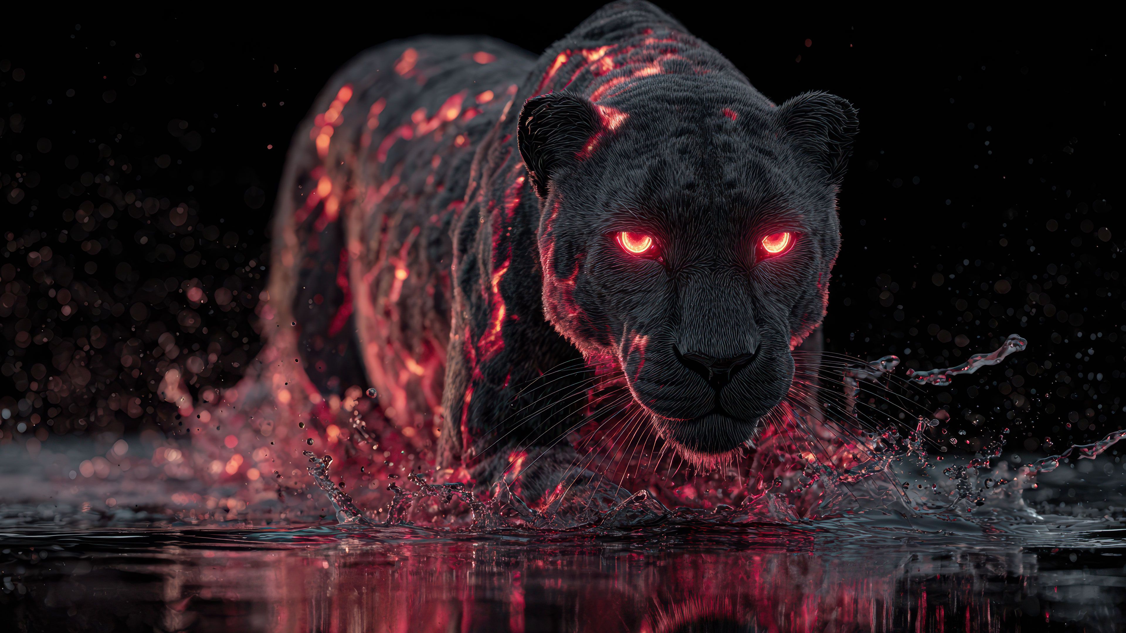Black Panther Glowing Lava Red Eyes In Water Wallpaper