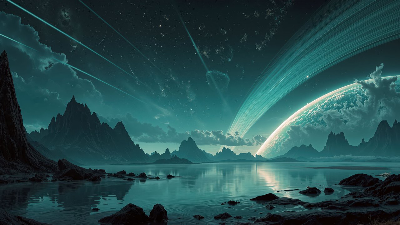 Ringed Planet Alien Landscape Lake Mountains Night Sky Wallpaper