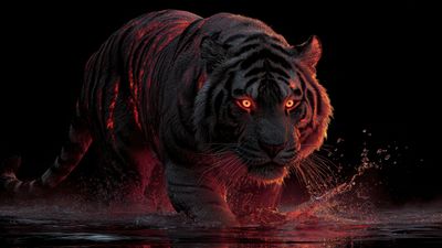 Black Tiger Red Glowing Eyes Water Splashing Wallpaper