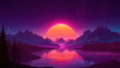 Retrowave Mountain Lake Sunset Wallpaper