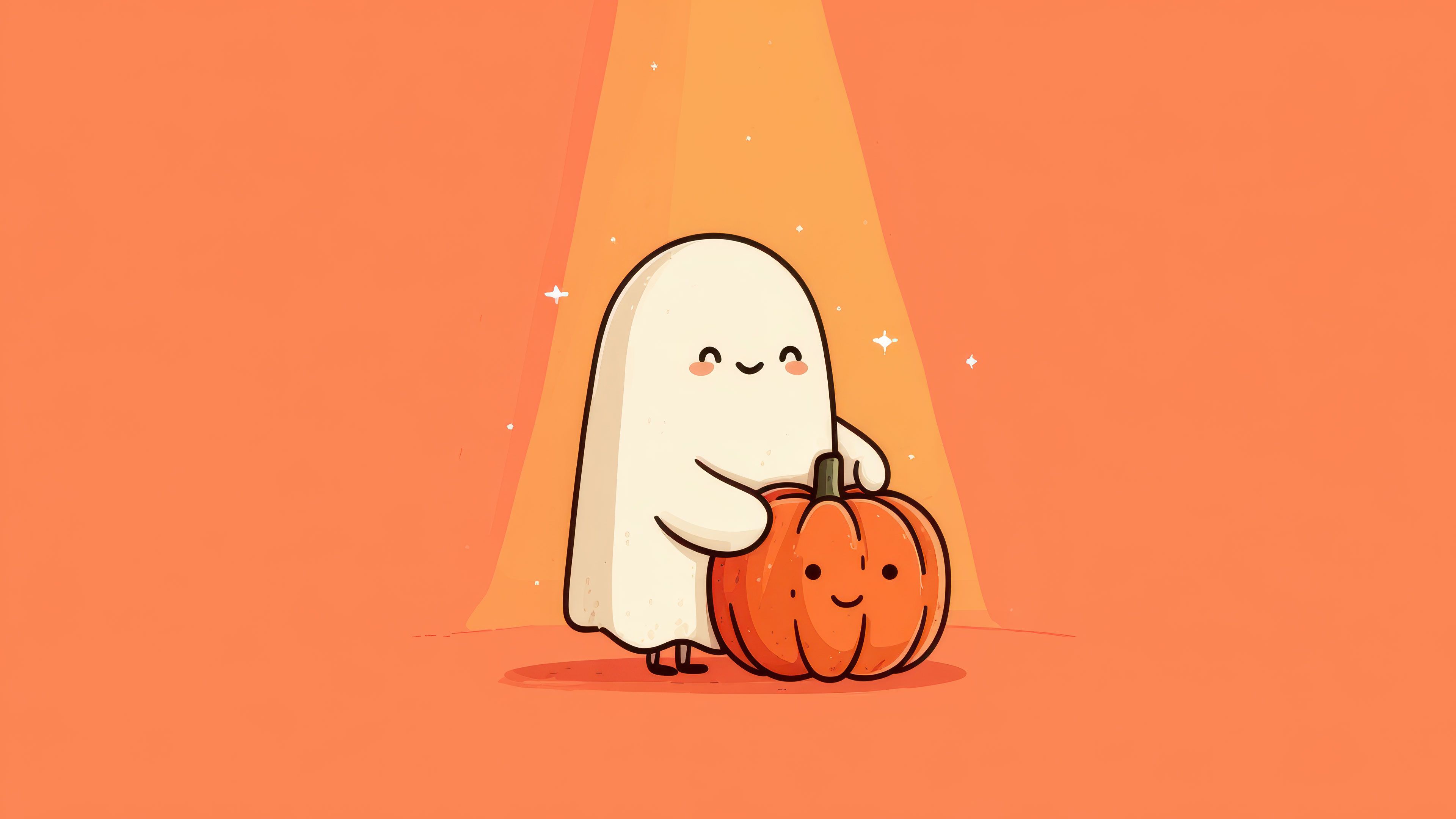 Cute Cartoon Halloween Ghost And Pumpkin Wallpaper