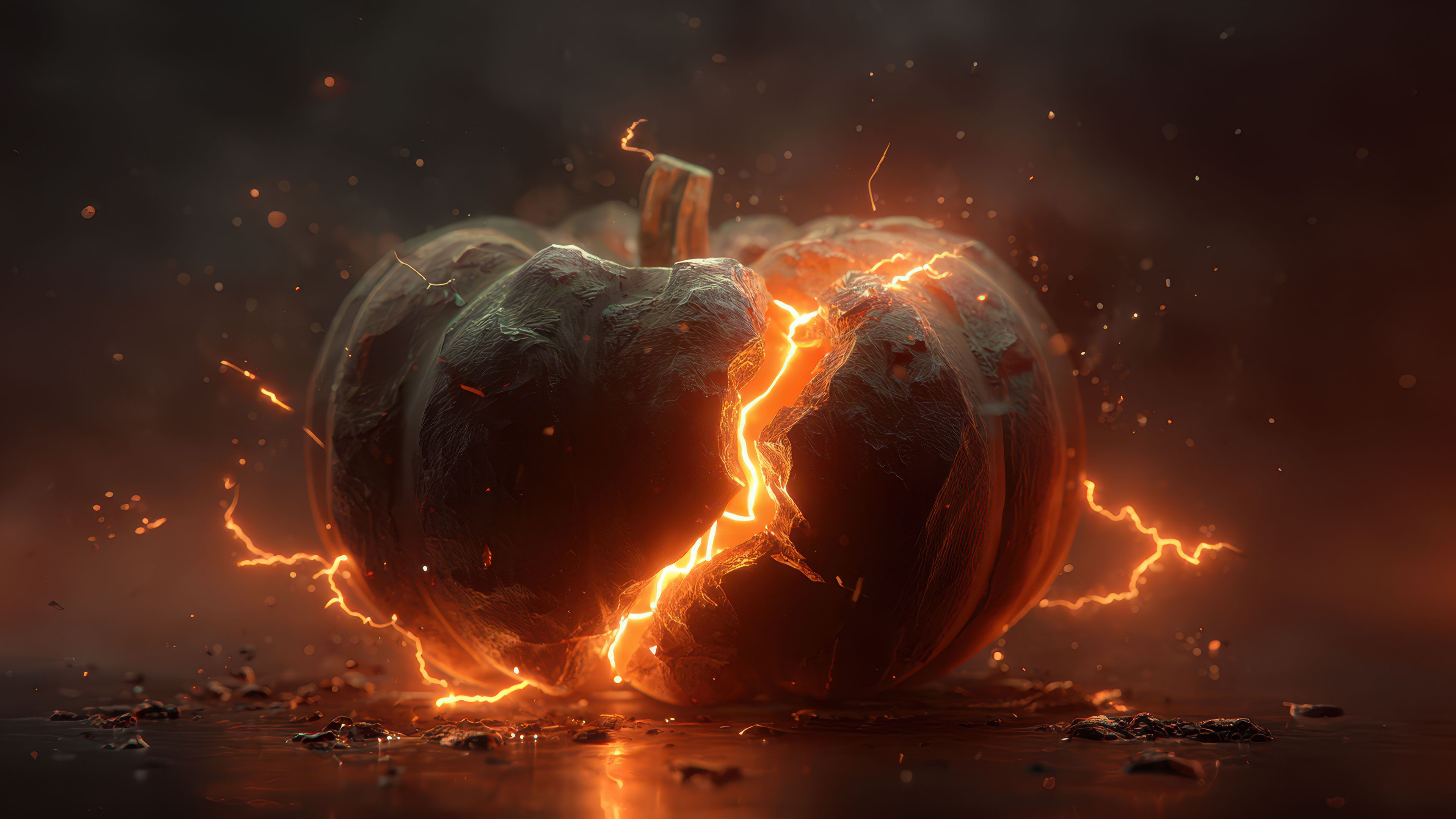 Cracked Halloween Pumpkin With Orange Lightning