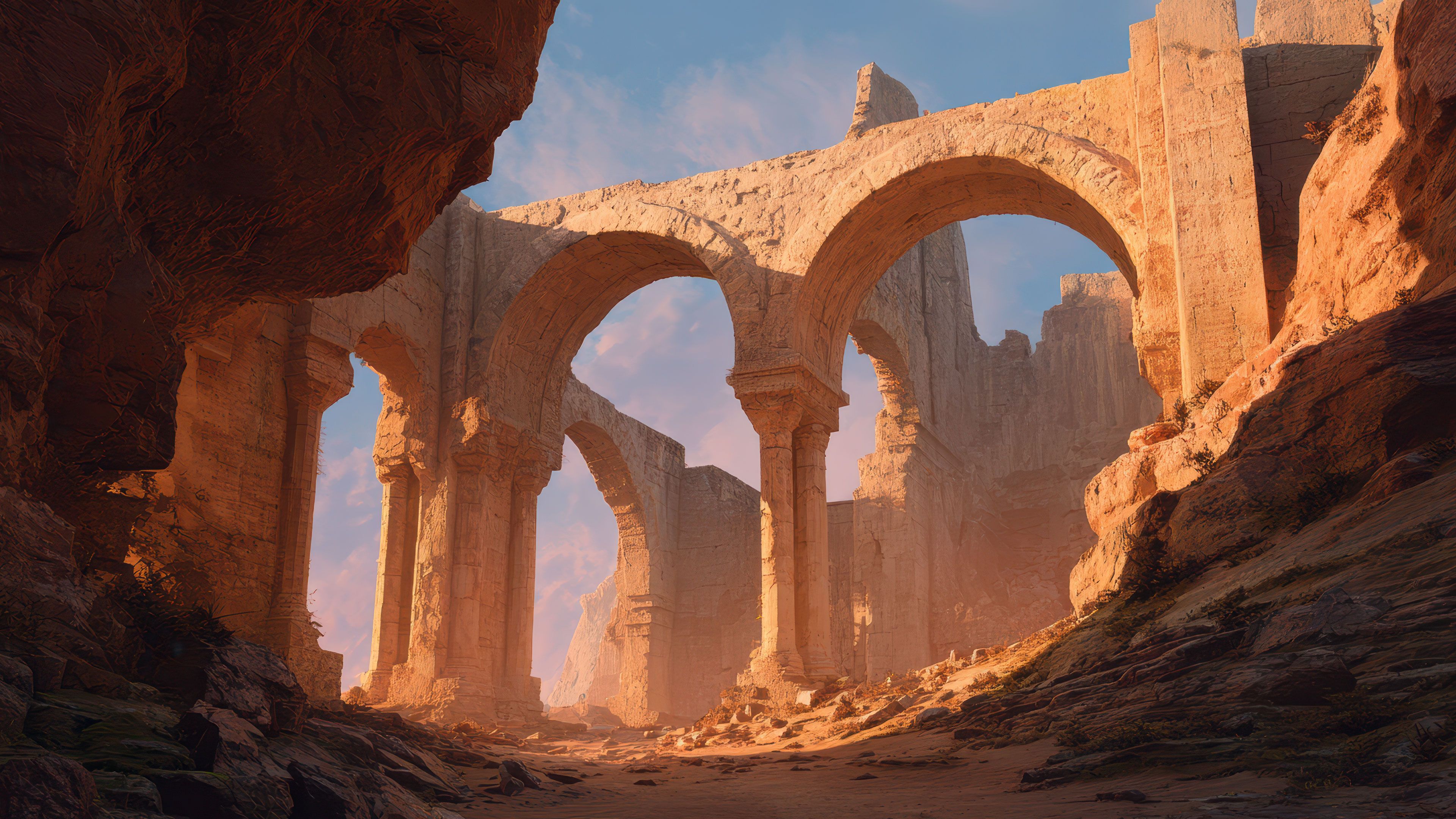 Warm Desert Ruins Arches Digital Art Landscape Wallpaper