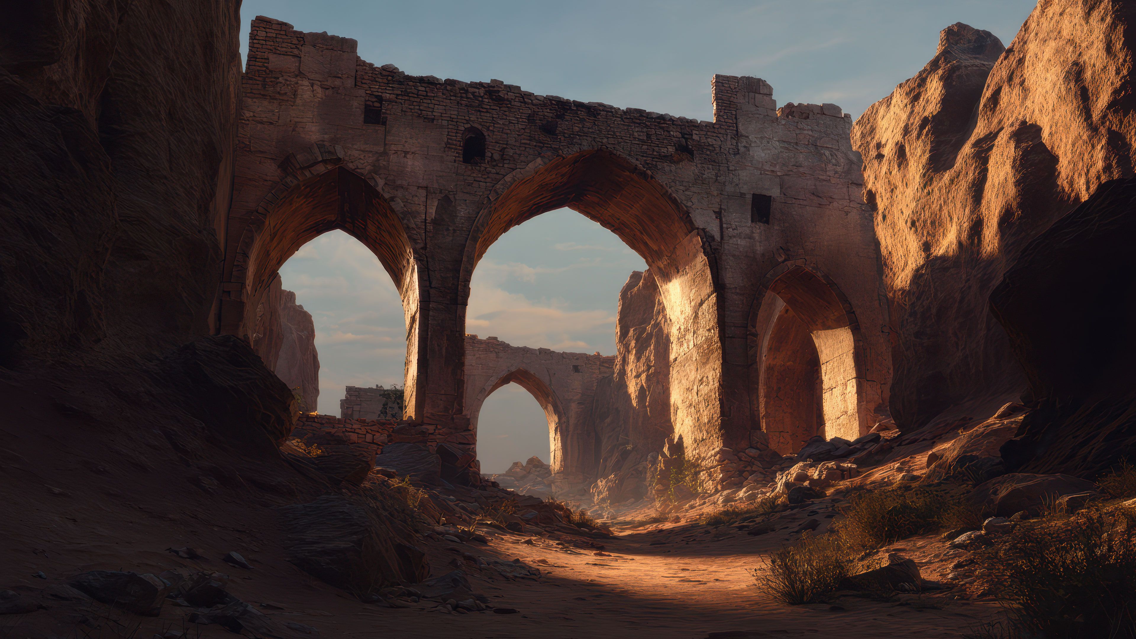 Ancient Desert Ruins Archway Digital Art Wallpaper