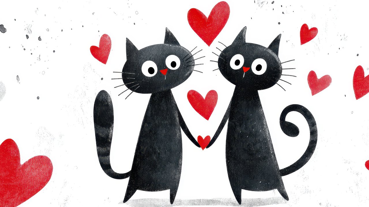 Two Black Cats Holding Hands With Red Hearts Digital Art