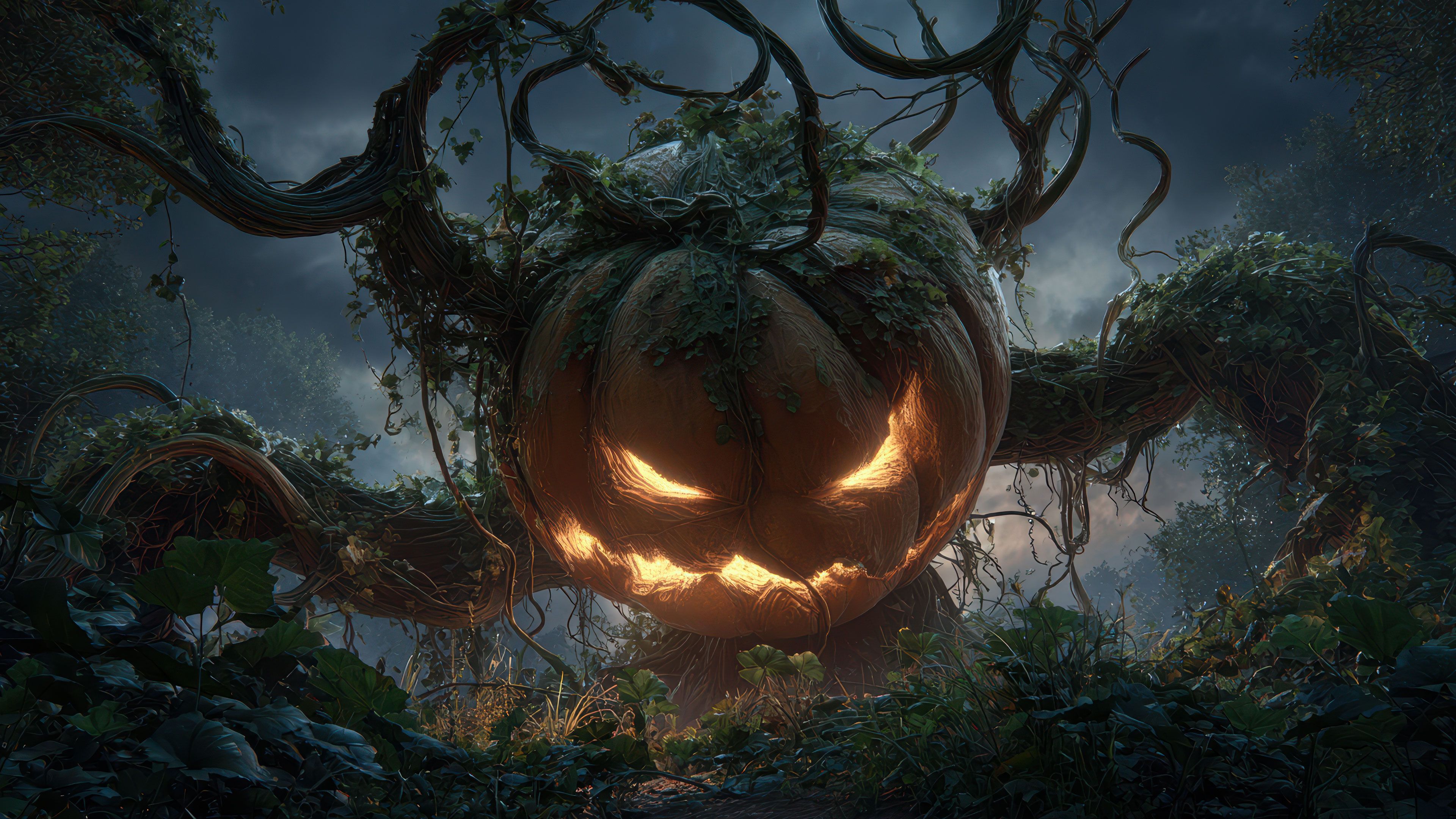 Eerie Glowing Jack-o'-lantern Vines Digital Art Wallpaper