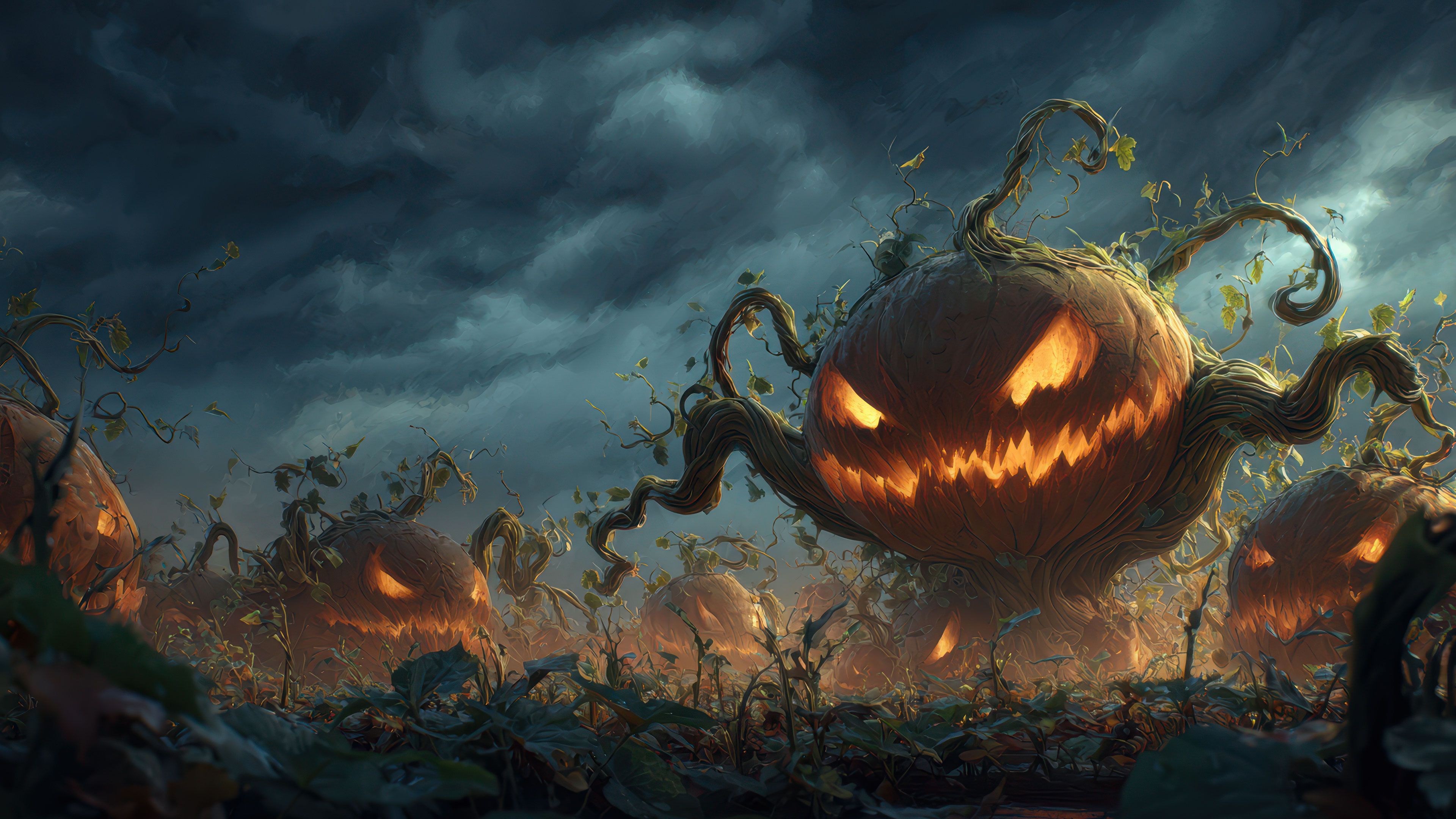 Monstrous Glowing Halloween Pumpkins Field Digital Art