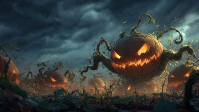 Monstrous Glowing Halloween Pumpkins Field Digital Art