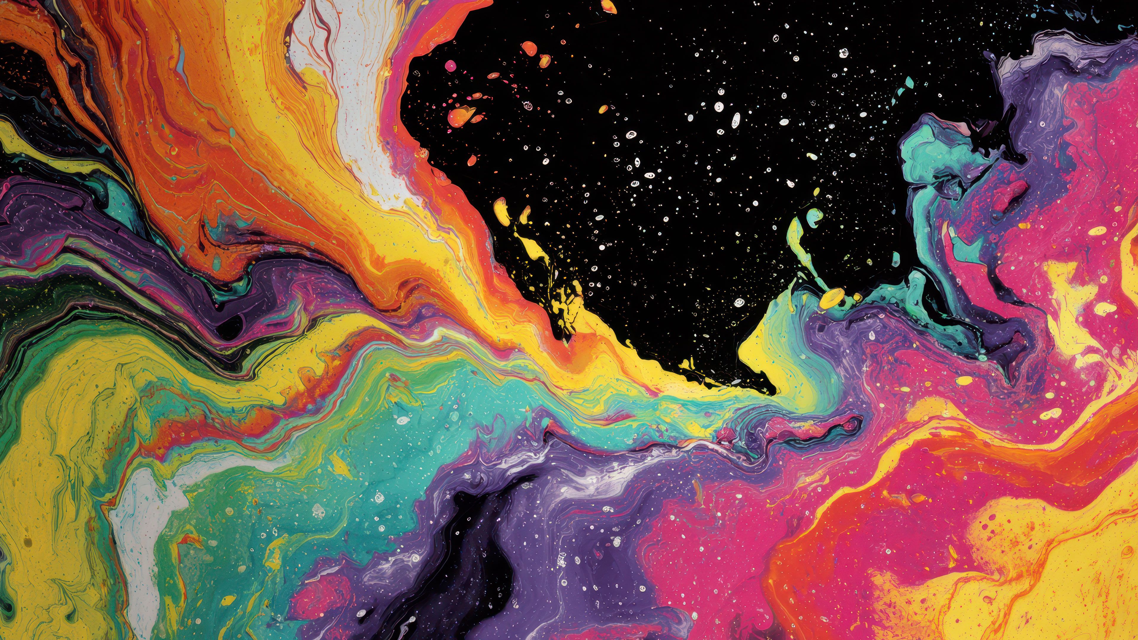 Vibrant Fluid Paint Digital Art Swirls On Black Background