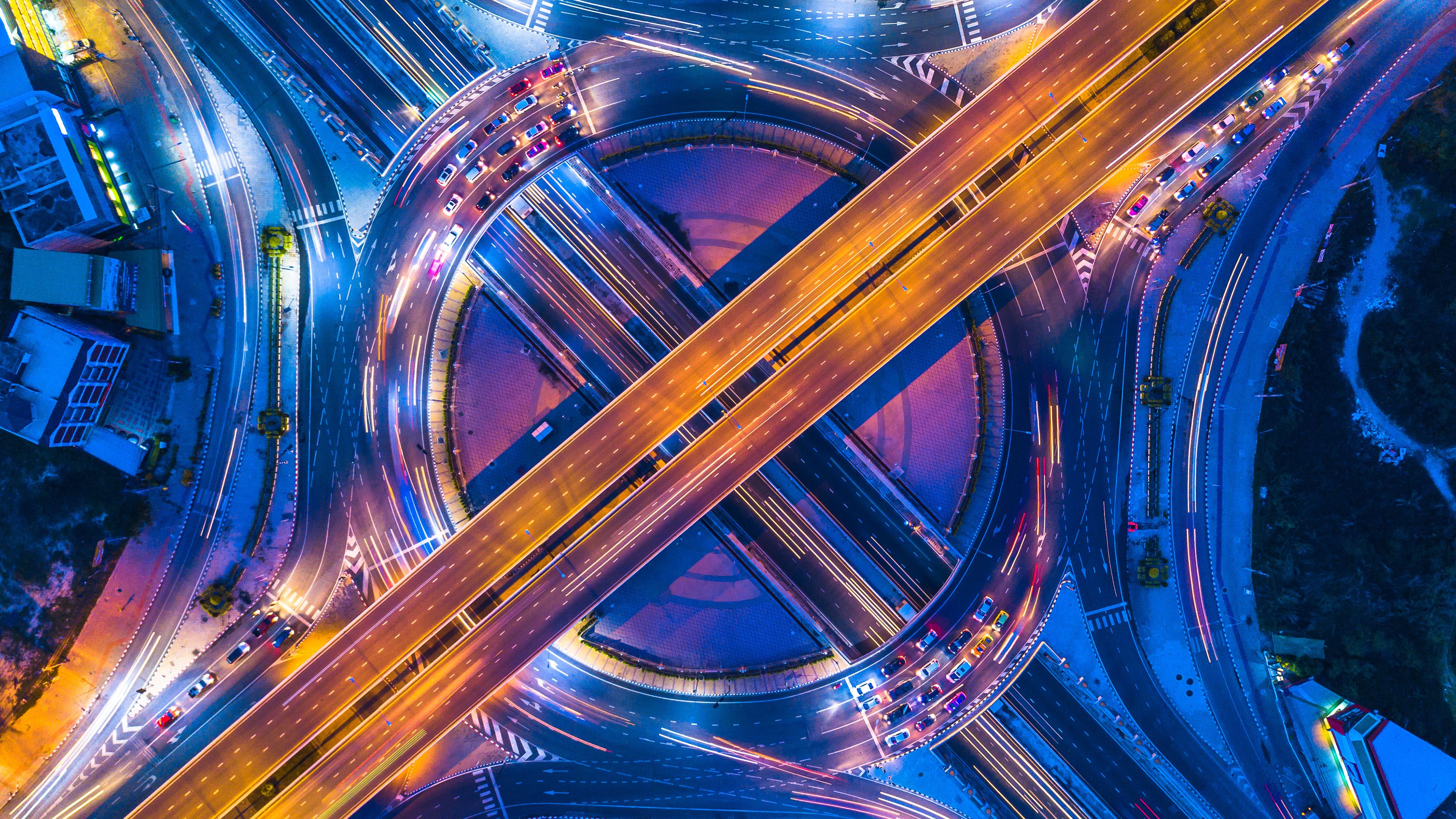 Bangkok Thailand Traffic Circle Highway Interchange Night Long Exposure