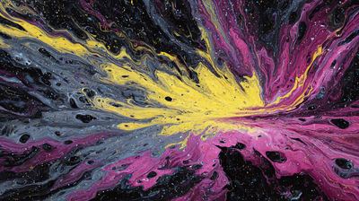Abstract Cosmic Fluid Art Yellow Pink Black Wallpaper