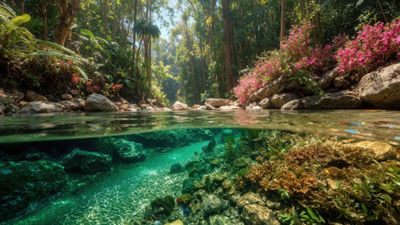 Tropical Jungle River Split View, Clear Water, Pink Flowers Wallpaper