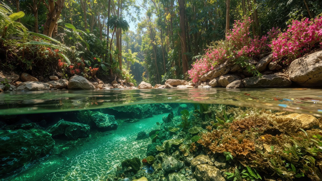 Tropical Jungle River Split View, Clear Water, Pink Flowers Wallpaper
