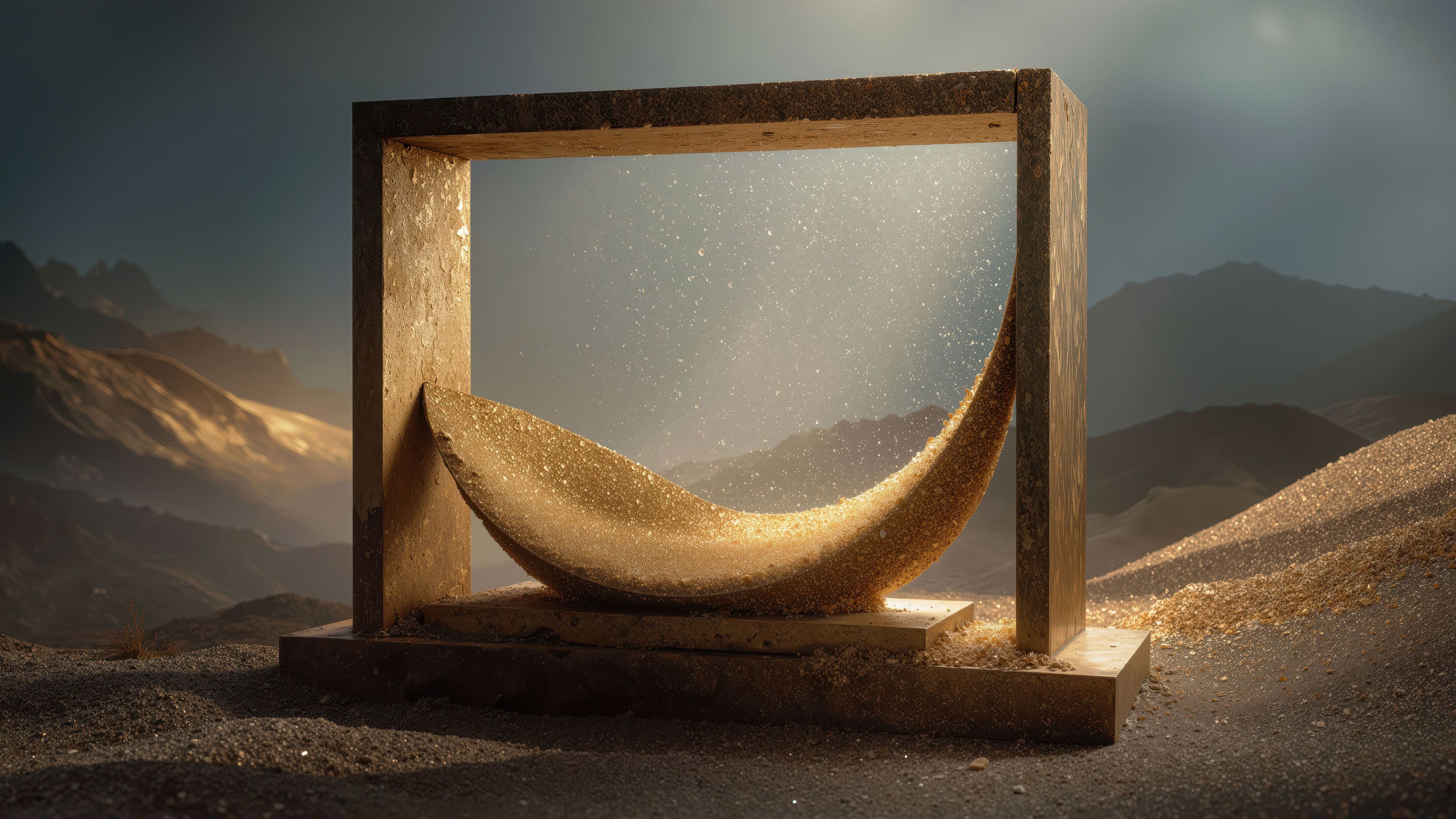 Golden Crescent Sculpture In Desert Landscape