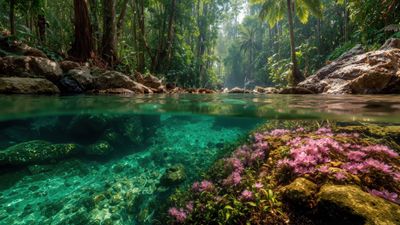 Jungle River Split View Pink Flowers Wallpaper