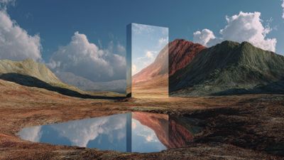 A large, surreal mirror stands in a rocky mountainous landscape, reflecting the vibrant colors of the red and green hills and sky above, creating an ethereal atmosphere. A calm pool of water beneath mirrors the scene, adding to the reflective and tranquil mood.