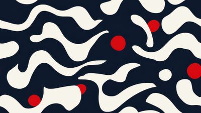 A dark background is overlaid with flowing, irregular white wave patterns interspersed with bold red dots, creating a dynamic and energetic abstract design.