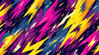 Abstract art featuring dynamic, zigzag lightning bolt shapes in vibrant pink, yellow, and blue set against a dark background, creating an energetic and electrifying mood.