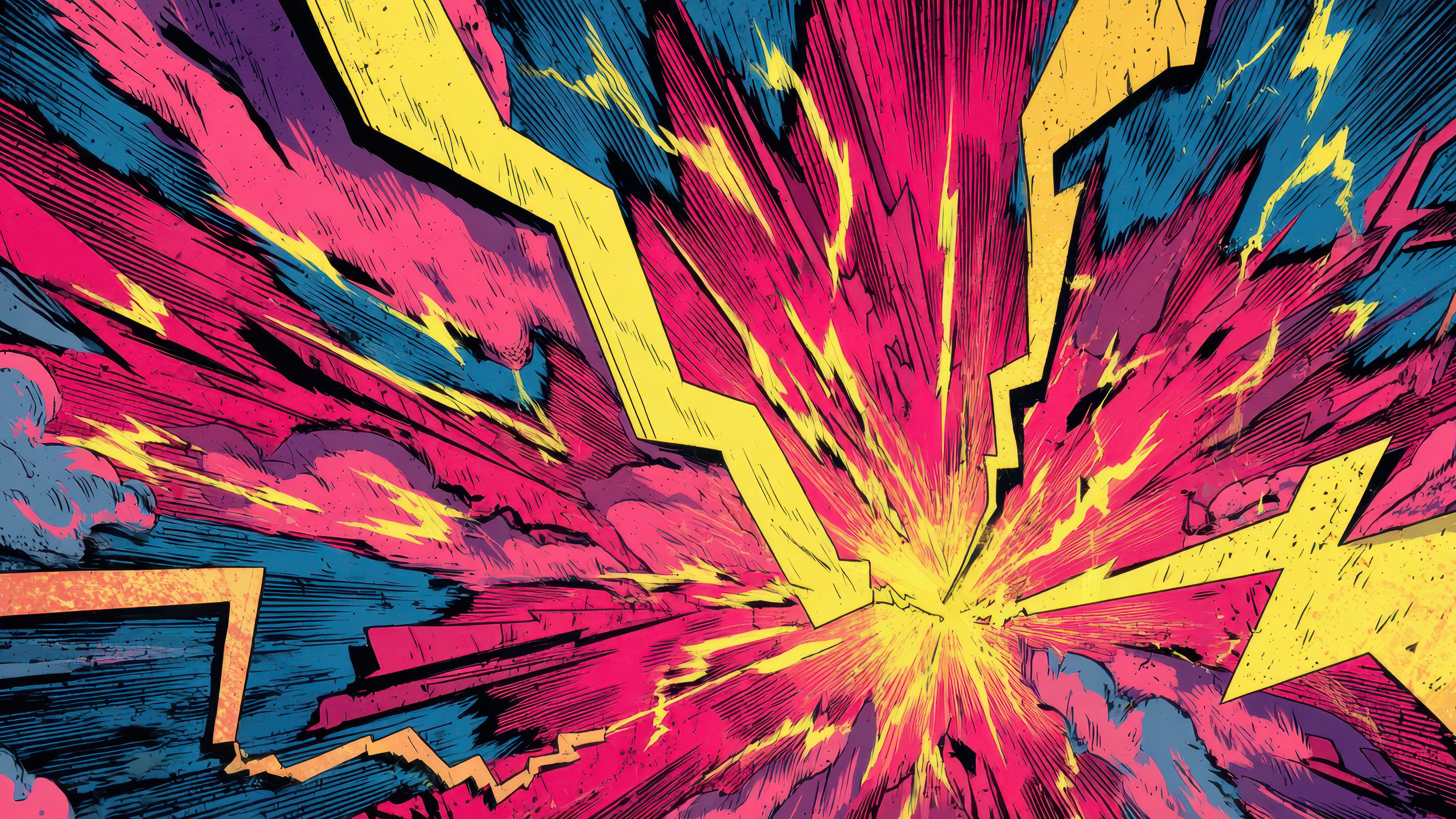 A vibrant comic-style explosion with dynamic lightning bolts in pink, blue, and yellow hues creates an energetic and intense mood, evoking a sense of action and excitement.