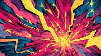 A vibrant comic-style explosion with dynamic lightning bolts in pink, blue, and yellow hues creates an energetic and intense mood, evoking a sense of action and excitement.