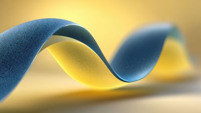 A dynamic abstract design featuring smooth, undulating waves in blue and yellow hues against a soft, blurred background, evoking a sense of fluidity and movement.