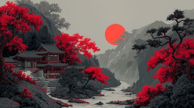 A traditional Japanese house sits by a tranquil river, surrounded by lush trees with vibrant red foliage, while a bold red sun sets against a misty mountain backdrop, creating a serene and picturesque landscape.