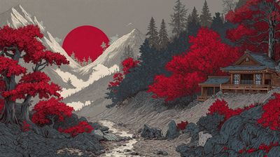 An illustration of a tranquil mountain retreat features vibrant red foliage contrasted against snow-capped peaks, with a wooden cabin nestled among the trees. A stream flows through the rocky landscape, creating a serene and peaceful mood.