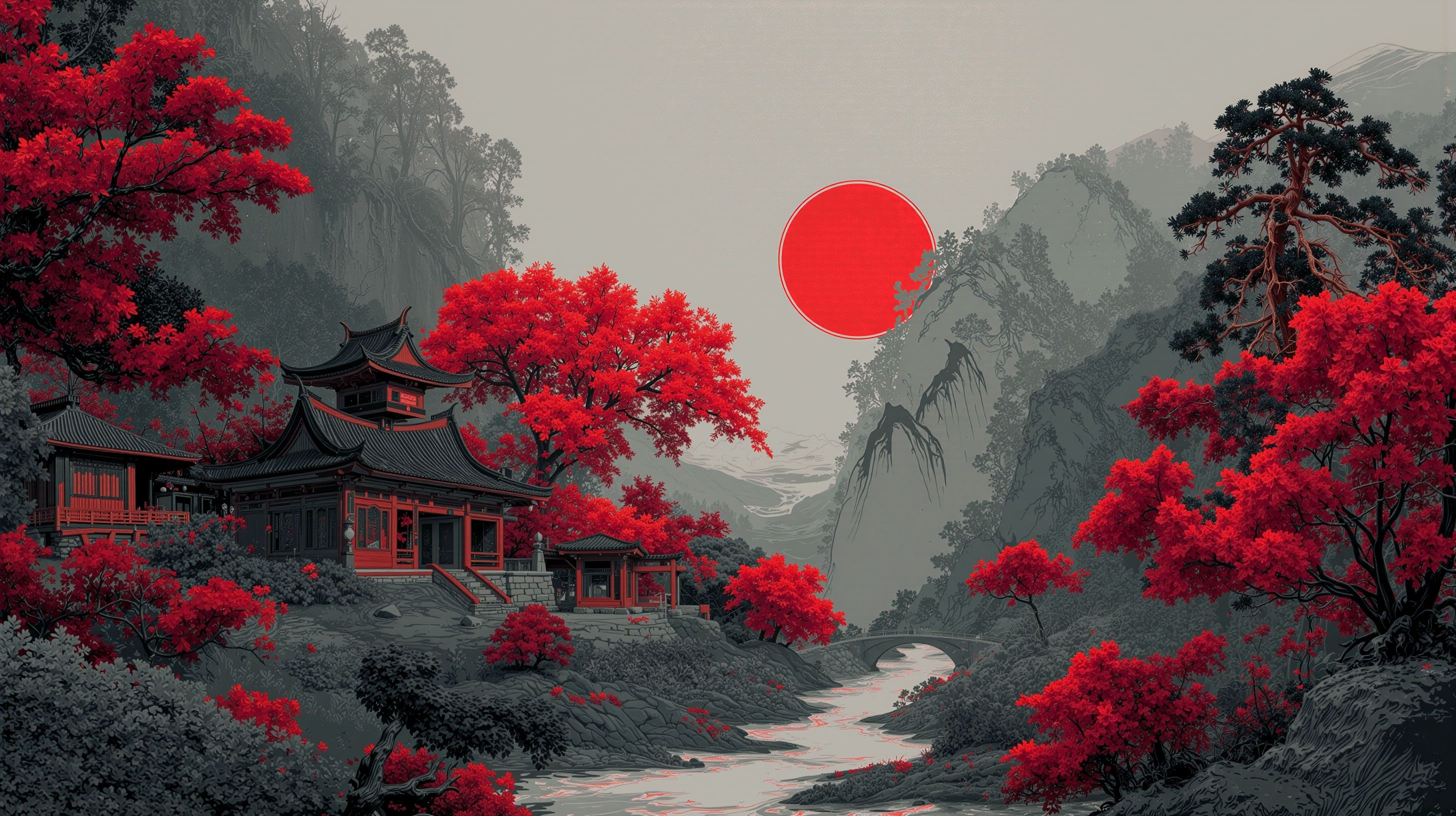 A tranquil Japanese landscape features a traditional pagoda surrounded by vibrant red autumn trees, set against a backdrop of misty mountains and a bold red sun, creating a serene and majestic ambiance.