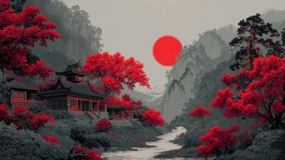 A tranquil Japanese landscape features a traditional pagoda surrounded by vibrant red autumn trees, set against a backdrop of misty mountains and a bold red sun, creating a serene and majestic ambiance.