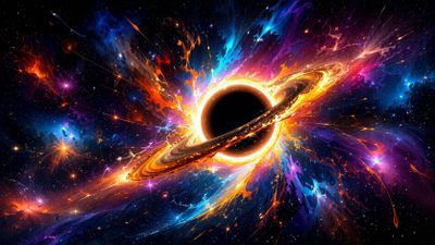 A dynamic cosmic scene shows a black hole at the center, surrounded by vibrant swirls of blue, purple, and orange energy, creating a dramatic and intense mood against a star-filled space background.