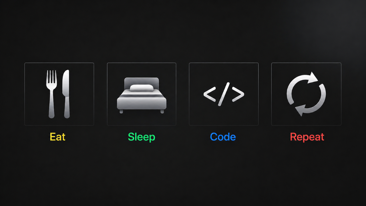 The wallpaper features four icons representing a daily routine: a fork and knife labeled "Eat" in yellow, a bed labeled "Sleep" in green, code brackets labeled "Code" in blue, and a circular arrow labeled "Repeat" in red, set against a dark background with a minimalist and motivational mood.